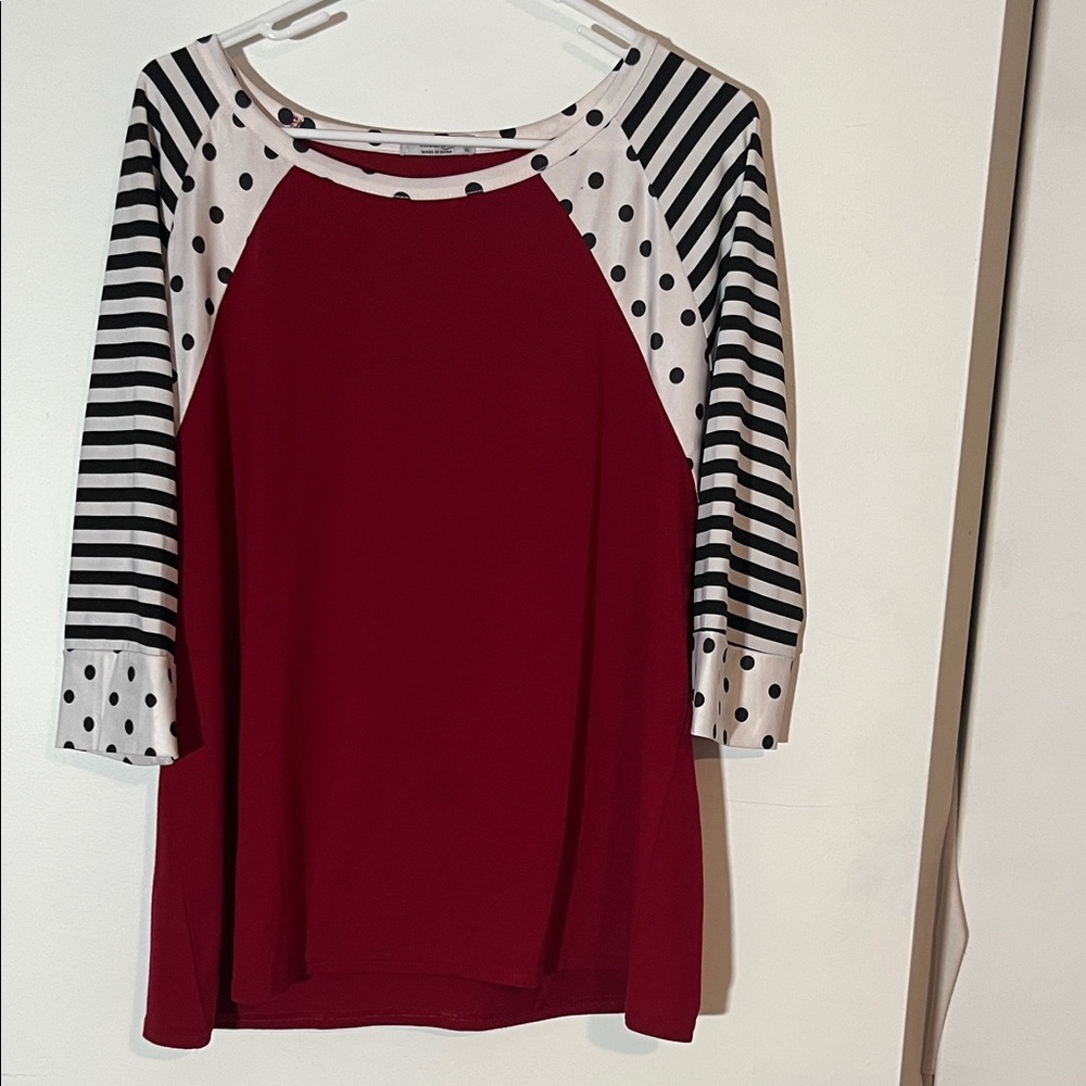 Chic Burgundy Long Sleeve Top with Striped and Polka Dot Accents